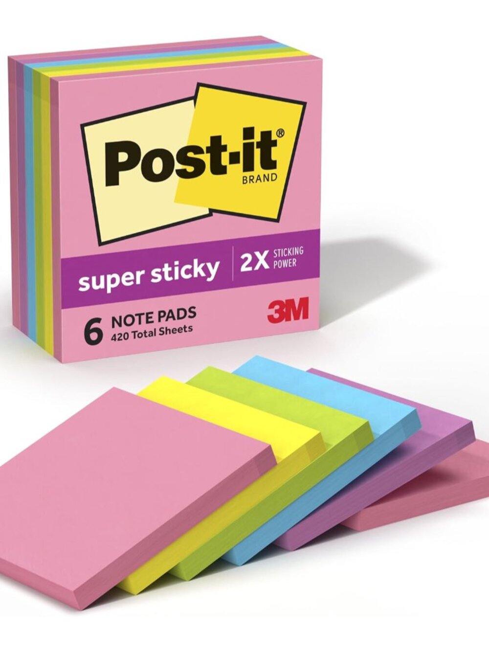 Super Sticky Notes, 3 x 3 in., Neon Fizz, 6 Pads